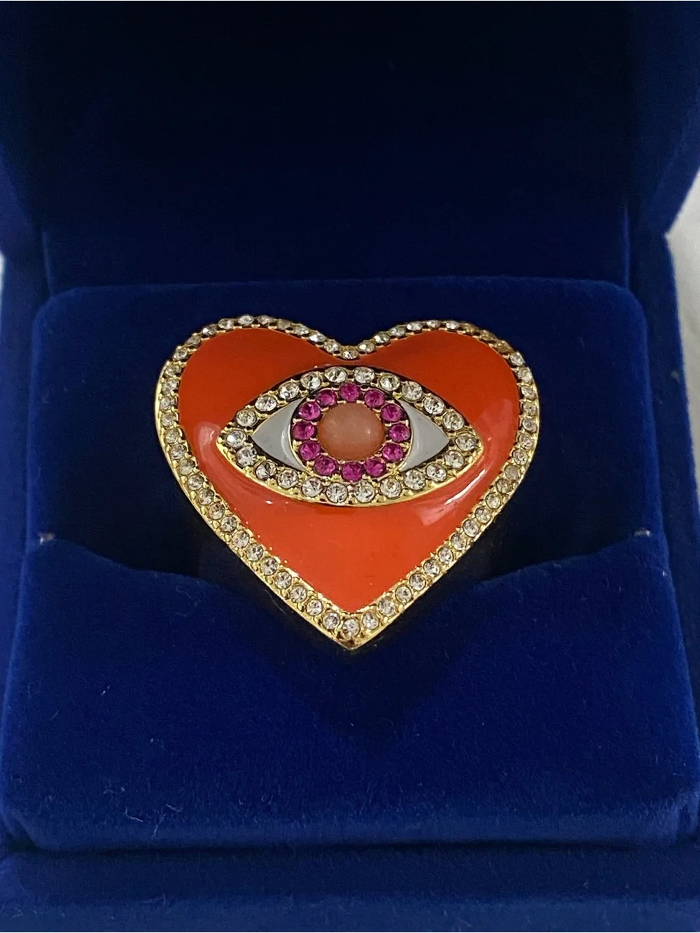 Kurt Geiger Evil Eye Heart Cocktail Ring Gold Tone Orange Enamel Size 7